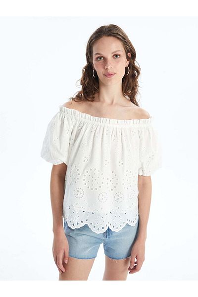 LC Waikiki LCW Damen Bluse mit Ballonärmeln und U-Boot-Ausschnitt