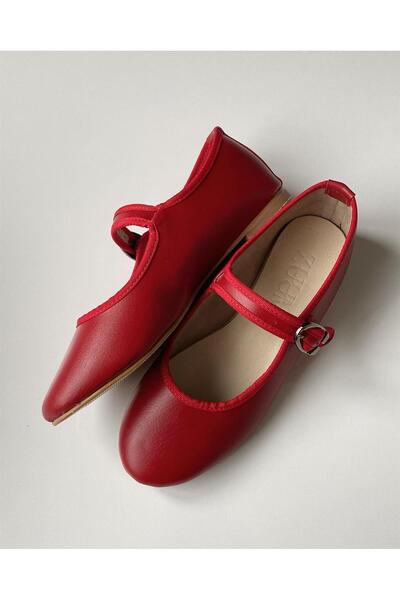 Zuum Beys Mary Jane Kadın Balerin Babet - Kırmızı Cilt