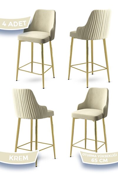 Canisa Tera Serisi 4 Adet Babyface Kumaş 65 cm Gold Kaplama Ayaklı Krem Bar S...
