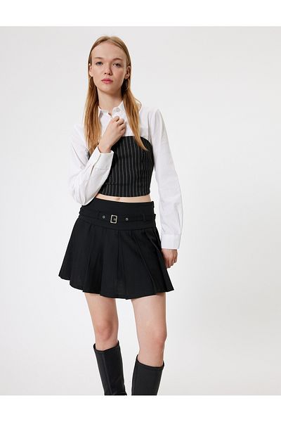 Koton Standard Waist Slim Fit Mini Pleated Skirt - Belt Detailed