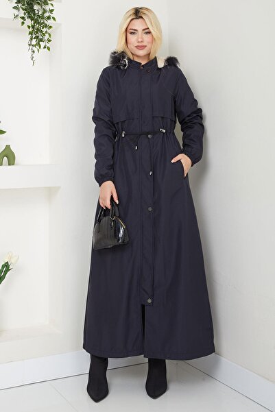 SENSTIL Full Length Coat with Fur Inside Navy Blue Ss2331