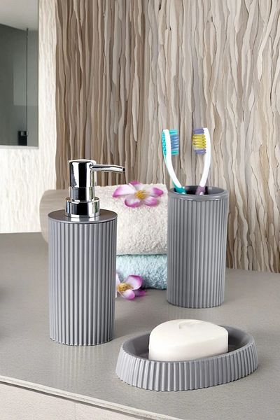 Lida Bathroom Set of 3 Round Line Model - Liquid Soap Dispenser, Toothbrush Holder, Solid Soap Dispenser
