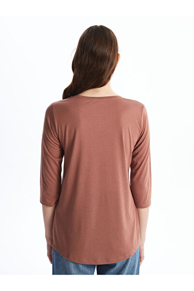 LC Waikiki LCWAIKIKI Basic Açık Kahverengi Bisiklet Yaka Pul İşlemeli Kadın Bluz