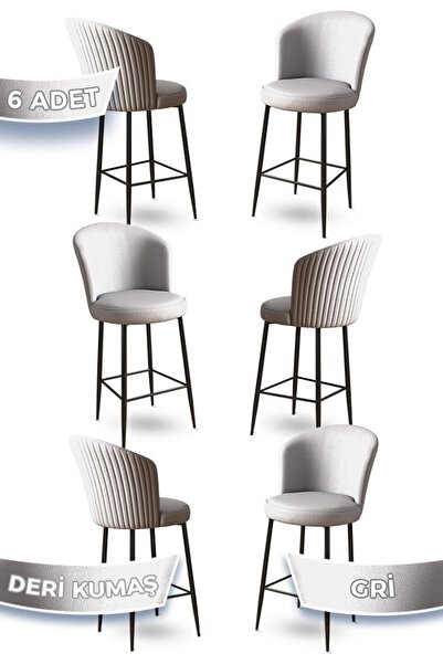 Canisa Rika Serisi 6 Adet Gri 65 Cm Deri Bar Sandalyesi Siyah Metal Ayaklıada...