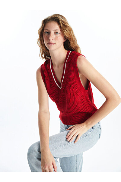 LC Waikiki Red V-neck Knitwear Sweater - Xside Women