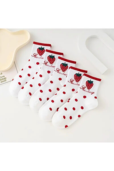 trampler 5 чифта дамски бели дамски чорапи с ягодови шарки и детайли на точки