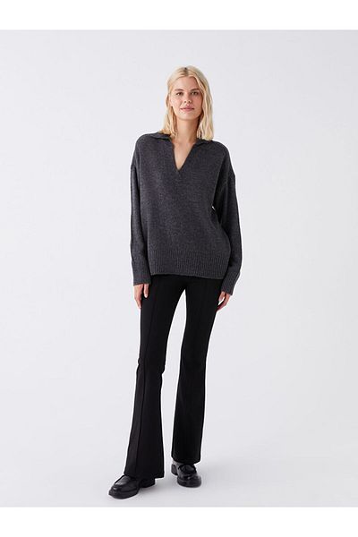LC Waikiki Einfarbiger langärmliger Damen-Strickpullover mit Hemdkragen