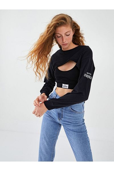 LC Waikiki Crop de damă cu mânecă lungă cu imprimeu cu decolteu