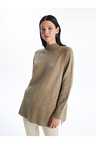 LC Waikiki Lcw Modest Beige Stand Collar Plain Oversize Women's Knitwear Tunic