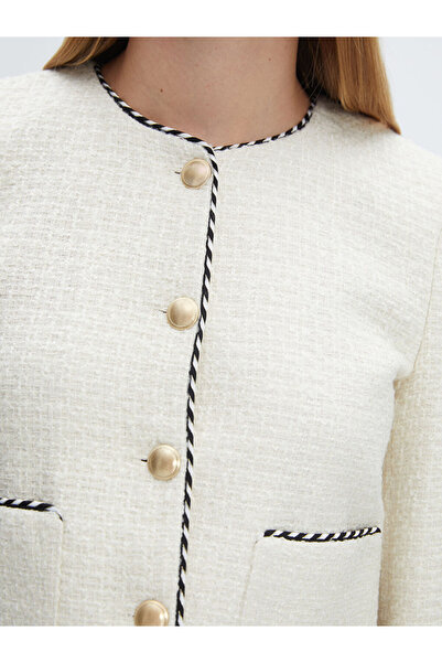 LC Waikiki LCW Vision Ekru Bisiklet Yaka Kendinden Desenli Kadın Tüvit Ceket