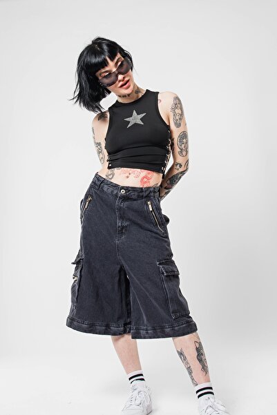 Bak Moda Crop Top negru cu cravată laterală - Broderie cu stele