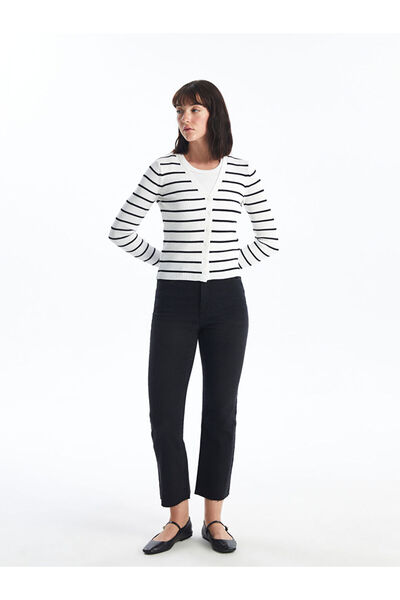 LC Waikiki Black V-Neck Striped Long Sleeve Women's Knitwear Cardigan