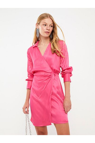 LC Waikiki Lcw Vision Fuchsia Straight Long Sleeve Women's Satin Shirt Dress