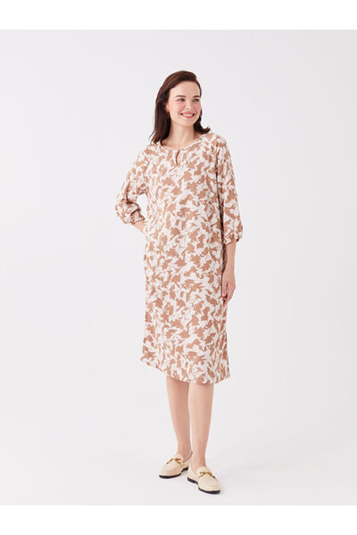 LC Waikiki Brown Crew Neck Patterned A-Line Dress