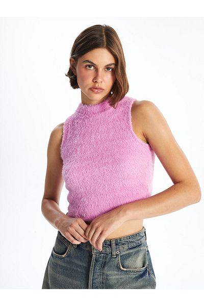 LC Waikiki Women's Crew Neck Plain Crop Plush Sweater