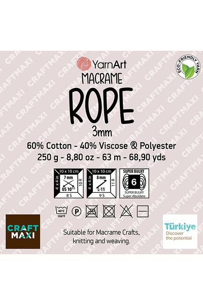 Yarnart 3 MM MACRAME ROPE - ΜΑΚΡΑΜΕ ΠΛΕΚΤΟ ΧΕΡΙ, Σχοινί Ebruli-823