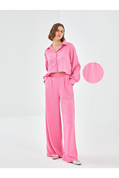 LC Waikiki Pink Textured Women's Trousers with Elastic Waist