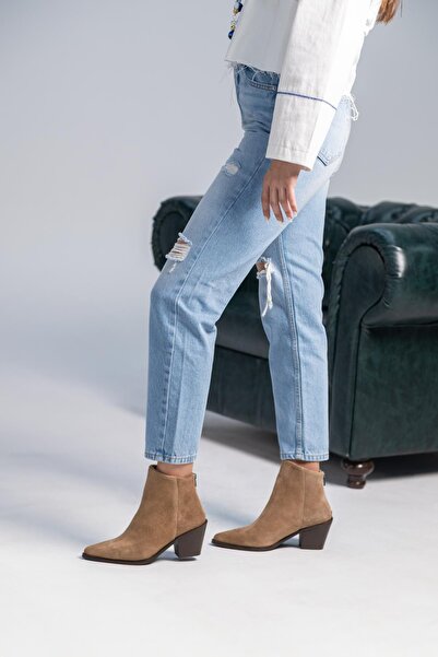 FSKOMBİN Jesus Kadın Camel Süet Hakiki Deri Kalın Topuklu Bot