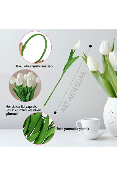 BambaPaw Yapay 8 Li Islak Lale Buketi Gerçeksi Doku Beyaz - Yapay Lale 32 Cm 8 Adet