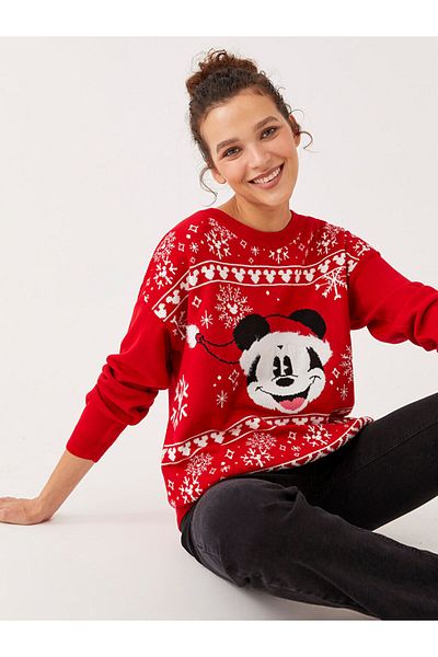 LC Waikiki Dámsky úpletový sveter s dlhým rukávom Mickey Mouse s potlačou Crew Neck
