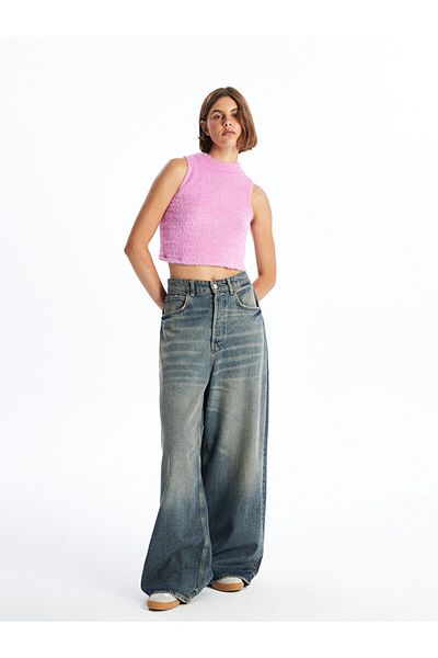 LC Waikiki Women's Crew Neck Plain Crop Plush Sweater