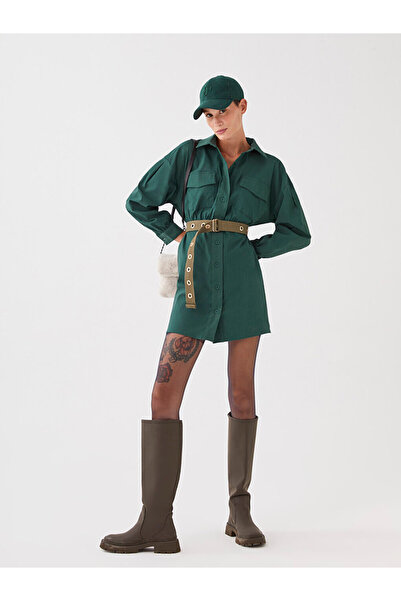 LC Waikiki Green Plain Long Sleeve Women's Shirt Dress
