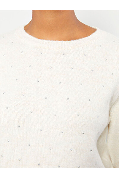 LC Waikiki Dámský pletený svetr s dlouhým rukávem s flitry s potiskem Crew Neck