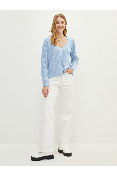 LC Waikiki Dámský pletený svetr s vlastním vzorem s dlouhým rukávem s výstřihem do V