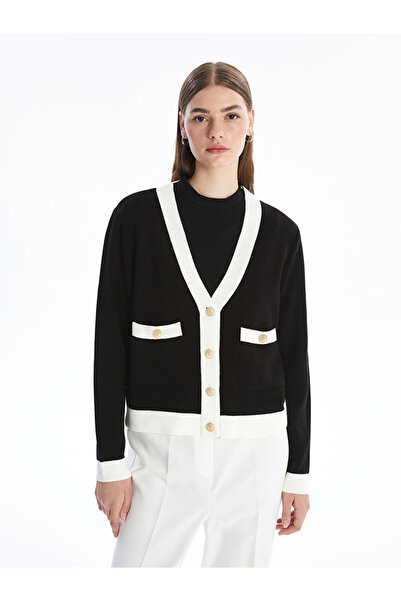 LC Waikiki Black V-Neck Color Block Long Sleeve Women's Knitwear Cardigan