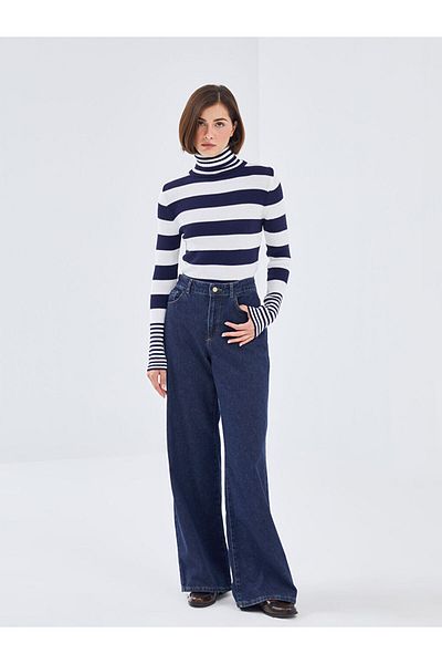 LC Waikiki   Navy Blue Striped Turtleneck Color Block Women's Knitwear Sweater