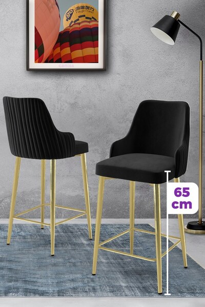 Canisa Tera Serisi 1 Adet Babyface Kumaş 65 cm Gold Kaplama Ayaklı Siyah Bar Sandalyesi