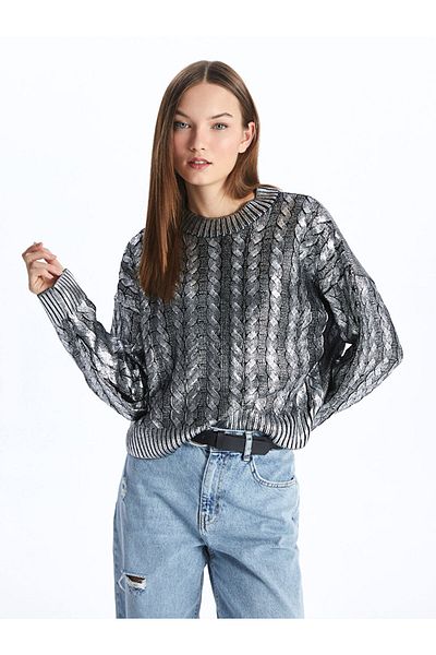 LC Waikiki Crew Neck Self-Patterned Long Sleeve Women's Metallic Knitwear Sweater