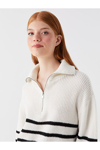 LC Waikiki XSIDE Damen-Strickpullover mit Polokragen, gestreift, langärmelig