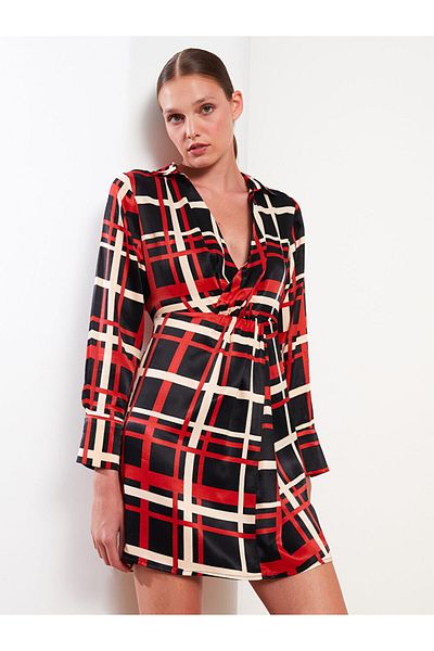 LC Waikiki Shirt Collar Plaid Long Sleeve Satin Women's Dress