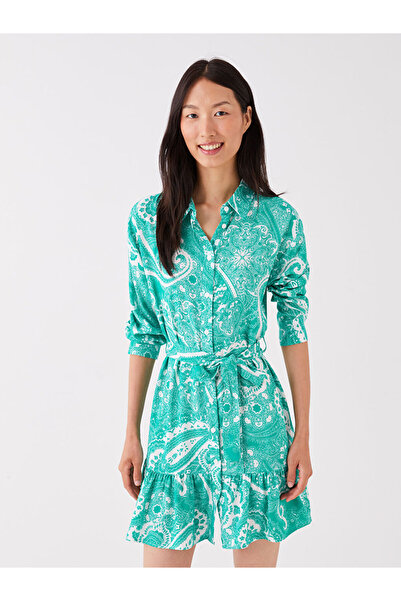 LC Waikiki Green Patterned Long Sleeve Women's Shirt Dress