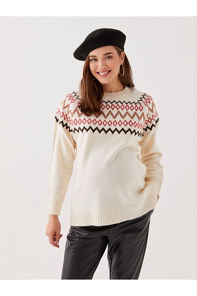 LC Waikiki Crew Neck Patterned Long Sleeve Maternity Knitwear Sweater