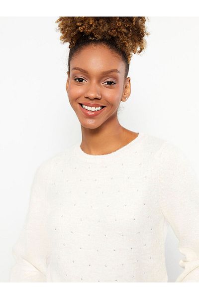 LC Waikiki Langärmliger Strickpullover mit Rundhalsausschnitt und Paillettenbedruckung für Damen