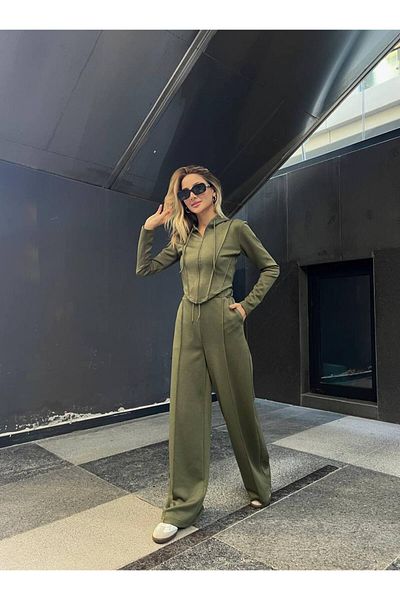 popibutik Women's Hooded Bodice Form Modal Fabric Khaki Tracksuit Set