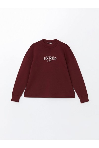 LC Waikiki Bordo Bisiklet Yaka Baskılı Oversize Kadın Kalın Sweatshirt
