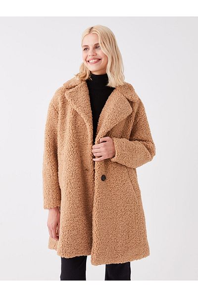 LC Waikiki Jackenkragen Einfarbig Langarm Damen Teddymantel