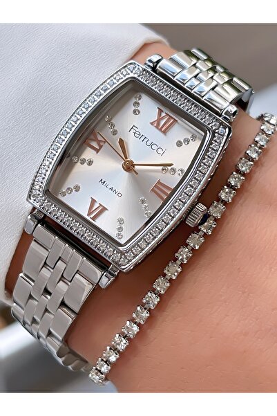 Ferrucci MİLANO ÇELİK KORDON TAŞ MOTİFLİ 3 ATM SU GEÇİRMEZ KADIN KOL SAATİ+Bİ...