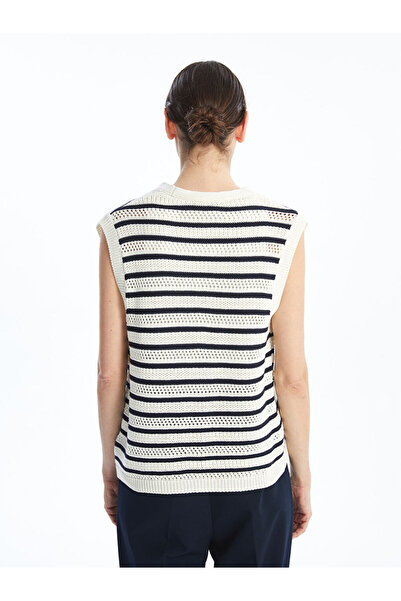 LC Waikiki Ecru V-Neck Striped Women's Knitwear Sweater