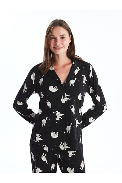 LC Waikiki Set pijamale damă cu guler cămașă cu imprimeu negru - Young