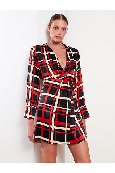 LC Waikiki Shirt Collar Plaid Long Sleeve Satin Women's Dress