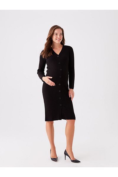 LC Waikiki V-Neck Straight Long Sleeve Maternity Knitwear Dress