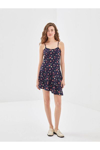 LC Waikiki Natuvera Marineblaues Damenkleid mit U-Ausschnitt und Blumenträgern