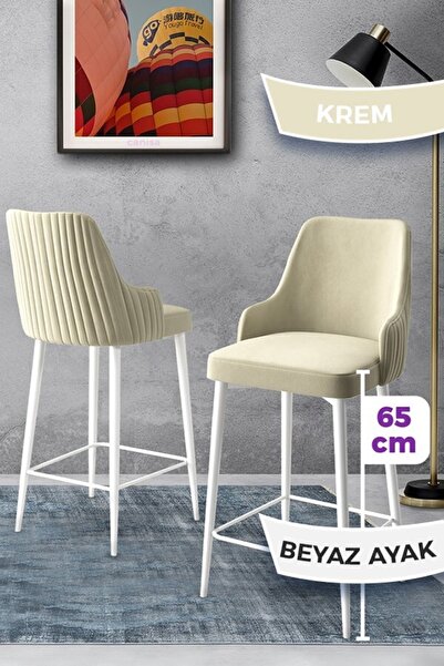 Canisa Tera Serisi 2 Krem Sandalye 65 Cm Ada Mutfak Bar Sandalyesi Babyface Kumaş Beyaz Metal Ayaklı