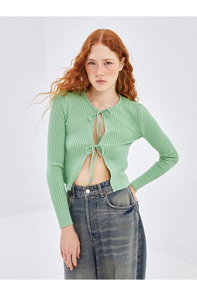 LC Waikiki Green Laced Collar Women's Knitwear Cardigan
