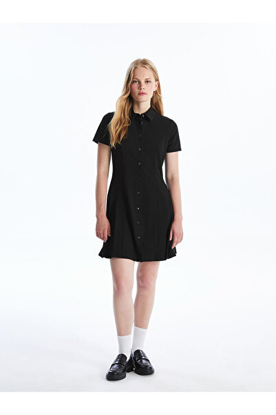 LC Waikiki Rochie cămașă neagră, simplă, cu mâneci scurte pentru femei