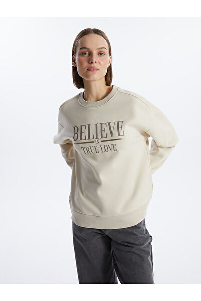 Bisiklet Yaka Baskılı Uzun Kollu Oversize Kadın Sweatshirt